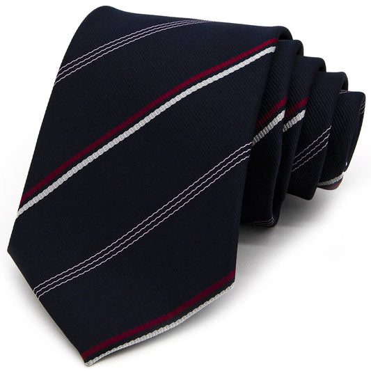A neatly rolled dark blue men's necktie with thin red and white diagonal stripes is displayed against a plain white background.