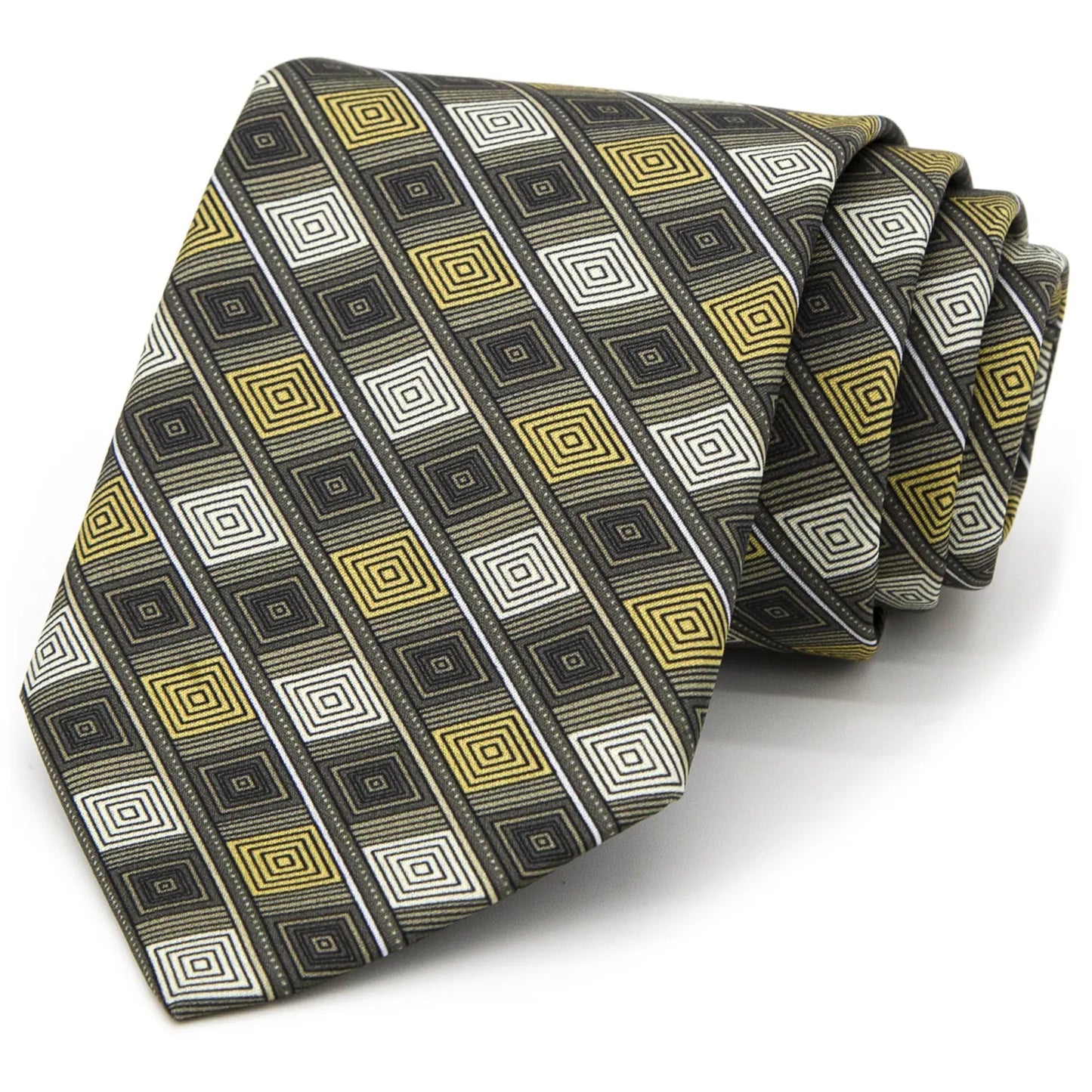 A neatly rolled dark green men's necktie showcasing its modern geometric diamond pattern in gold and white against a plain white surface.