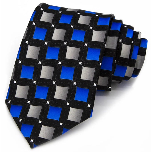 A black men's necktie with a striking geometric square pattern in blue and grey with white dot accents is partially visible against a white background.