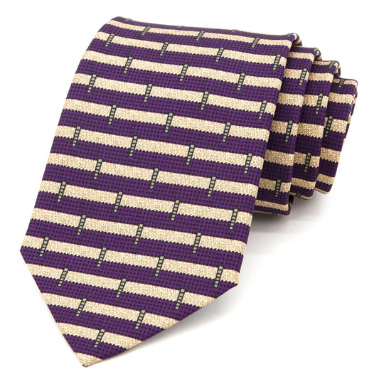 A deep purple men's necktie with a modern geometric stripe pattern in beige and black is casually knotted against a white background.