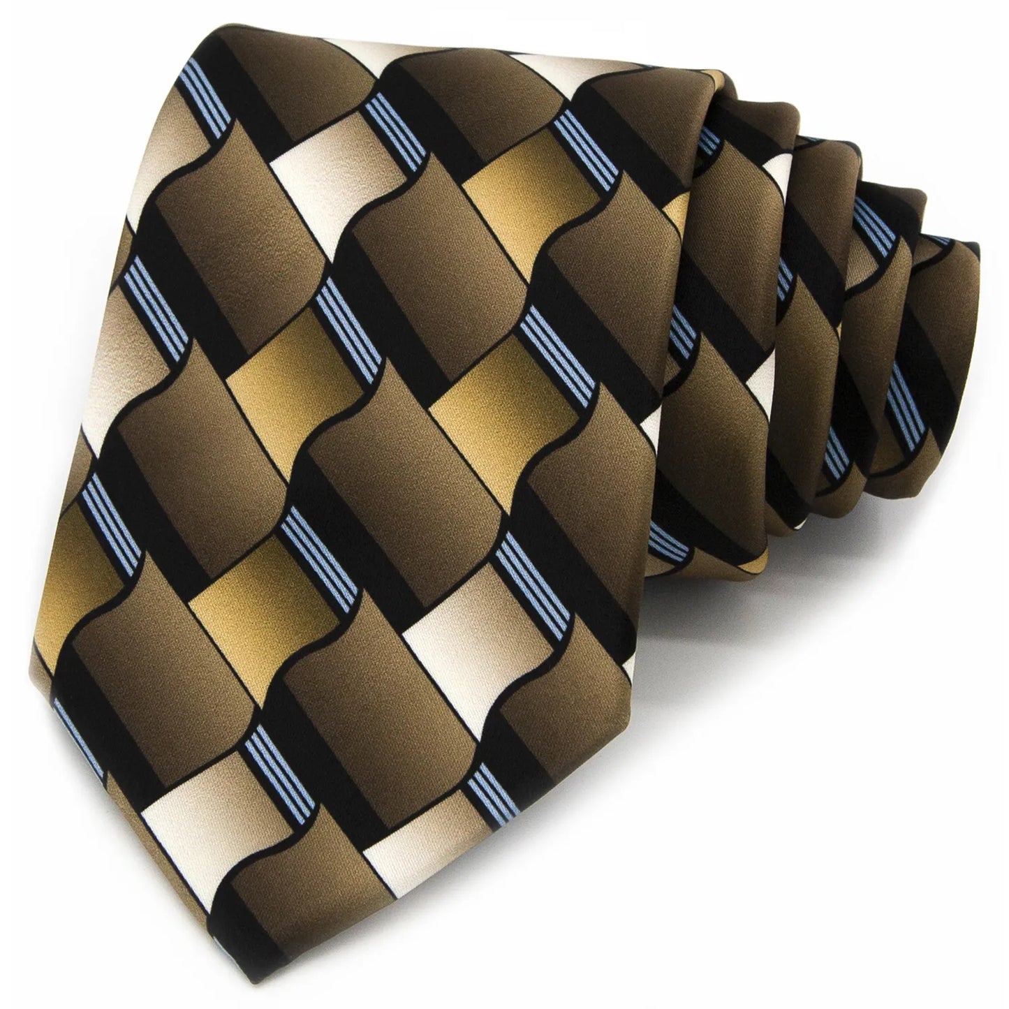 A men's necktie featuring a modern geometric pattern in various shades of brown, black, and thin blue stripes is casually displayed against a white background.