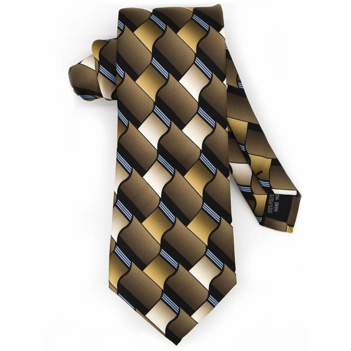 A neatly rolled men's necktie showcasing its layered geometric pattern in multiple brown tones, black, and thin blue stripes, accompanied by size measurements.