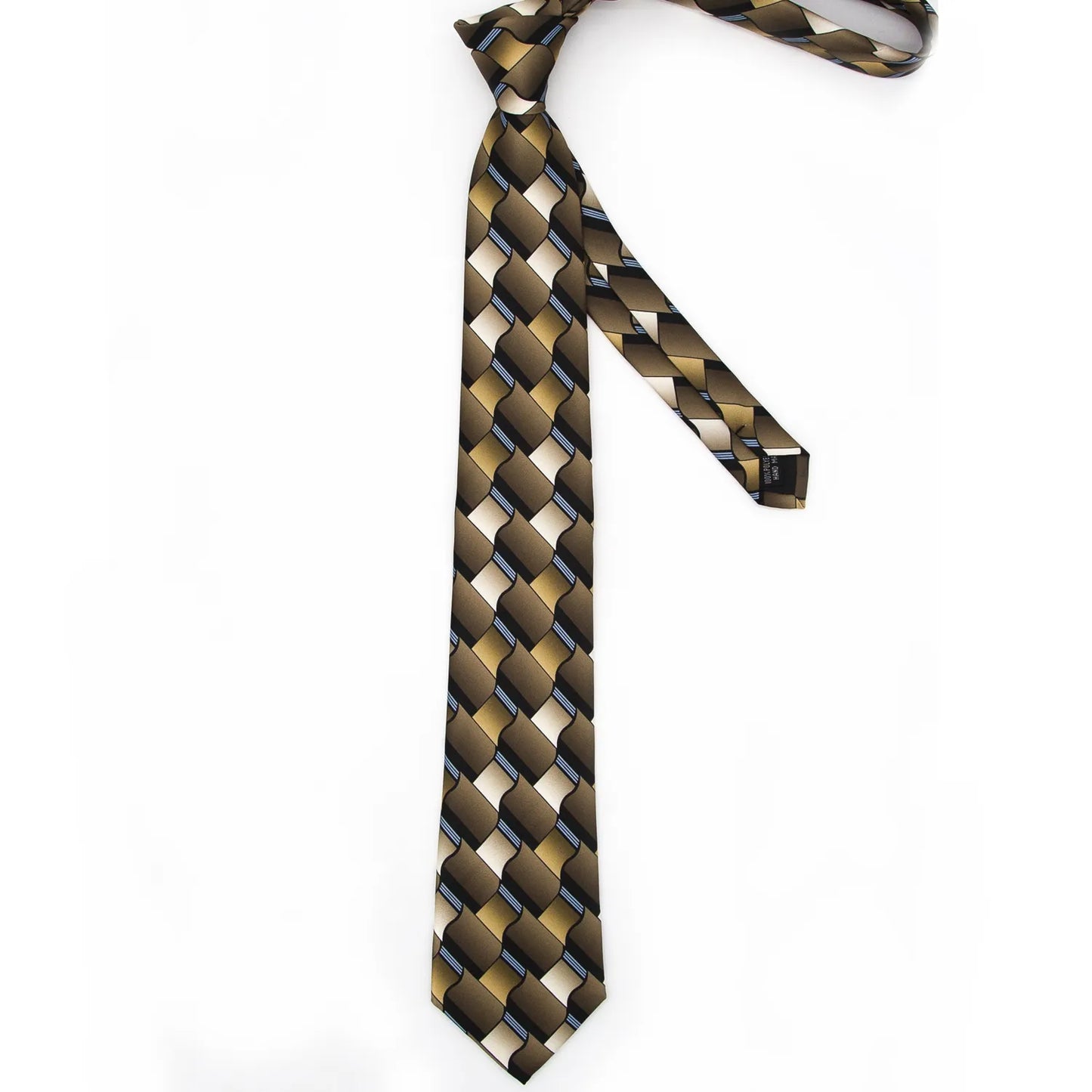 A men's necktie with a modern and layered geometric pattern in multiple brown hues, black, and thin blue stripes is neatly folded against a white background.