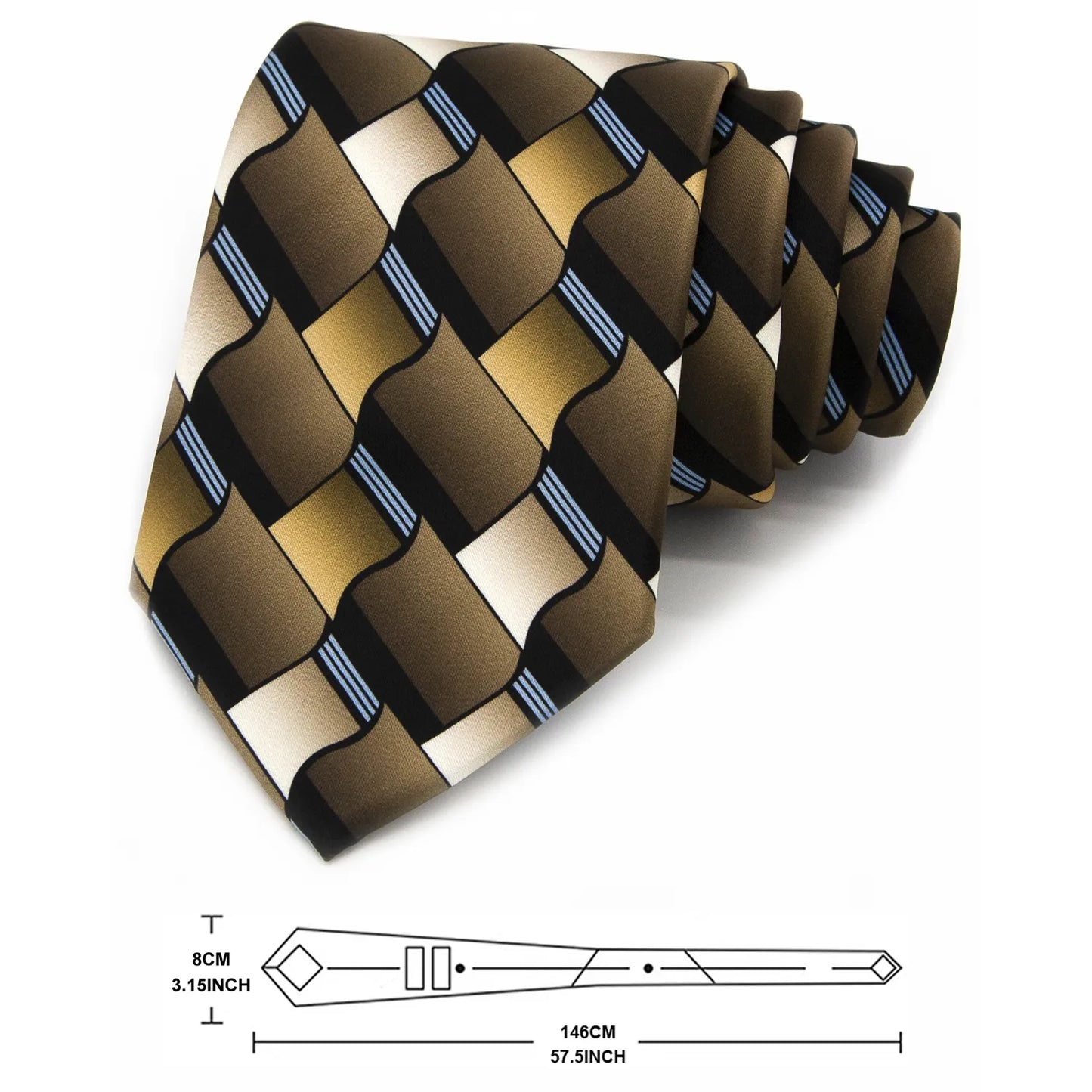 A men's necktie with a unique geometric design in deep brown, tan, beige, black, and thin blue stripes is shown vertically against a white background.