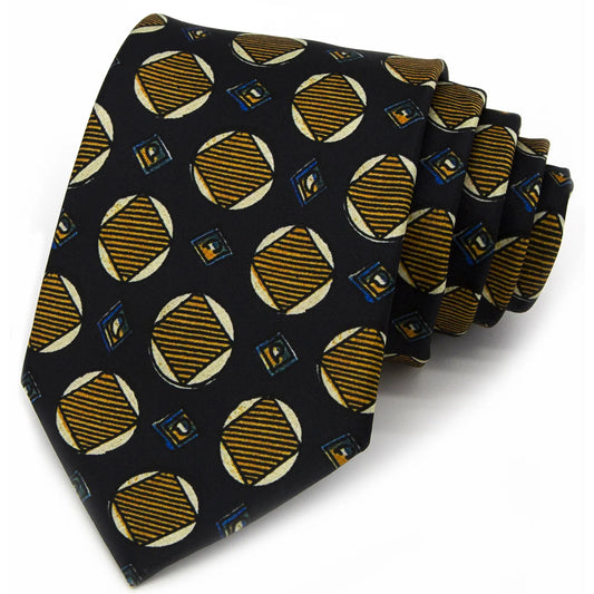 A neatly rolled dark blue men's necktie showcasing its contemporary geometric pattern with circles and diamonds in gold, beige, and blue against a clean white backdrop.