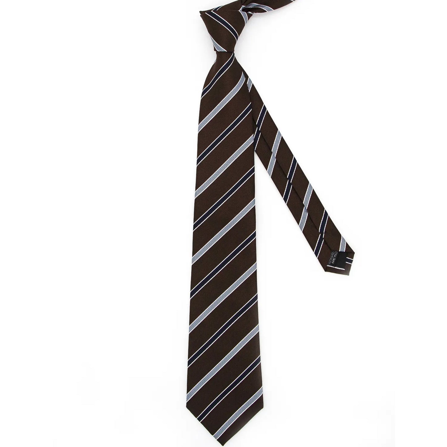 A brown men's necktie with a classic diagonal stripe pattern in white and navy blue, featuring a subtle herringbone texture, is neatly folded against a white background.