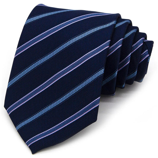 A neatly rolled dark blue men's necktie showcasing its classic diagonal stripe pattern in light blue and pink with a subtle texture against a clean white backdrop.