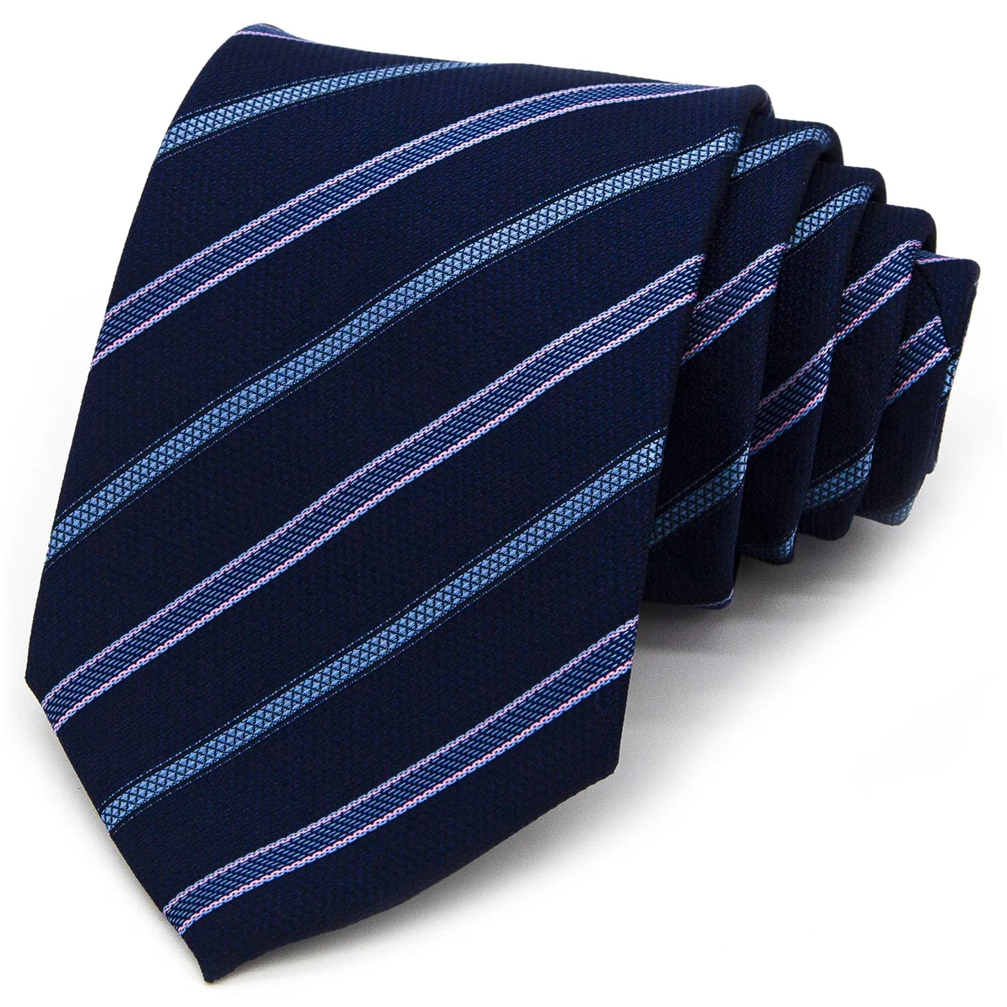 A neatly rolled dark blue men's necktie showcasing its classic diagonal stripe pattern in light blue and pink with a subtle texture against a clean white backdrop.