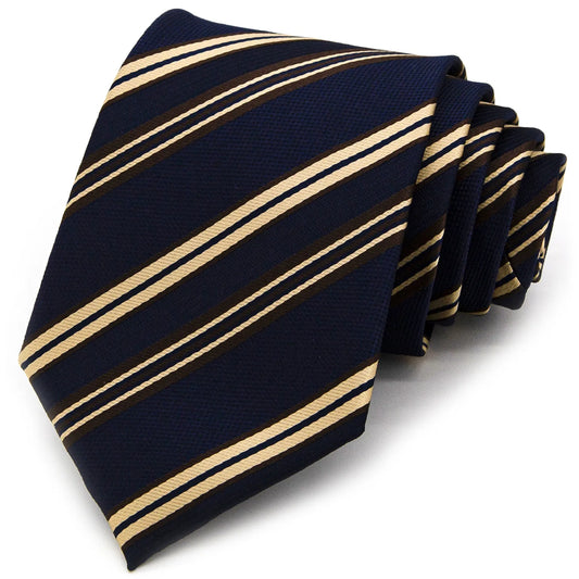 A neatly rolled dark blue men's necktie showcasing its classic diagonal stripe pattern in tan and brown, both with a subtle texture, against a clean white backdrop.