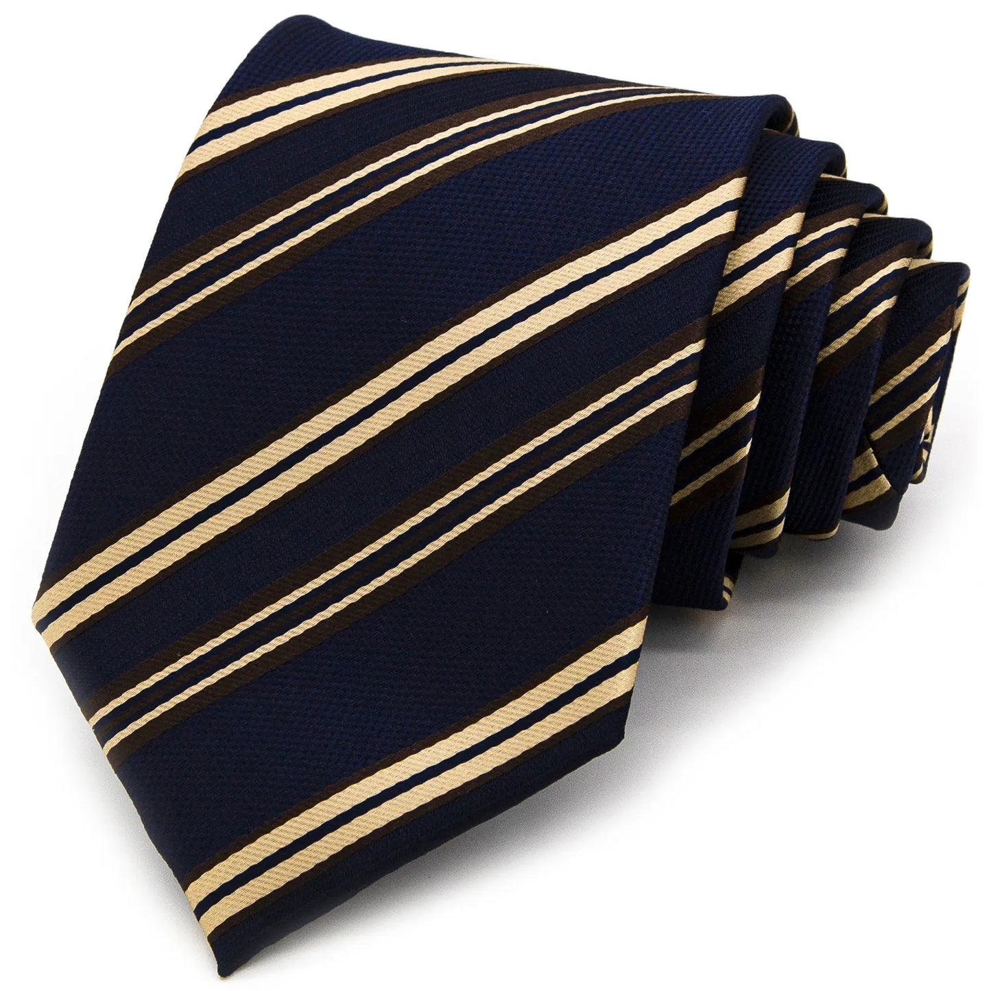 A neatly rolled dark blue men's necktie showcasing its classic diagonal stripe pattern in tan and brown, both with a subtle texture, against a clean white backdrop.