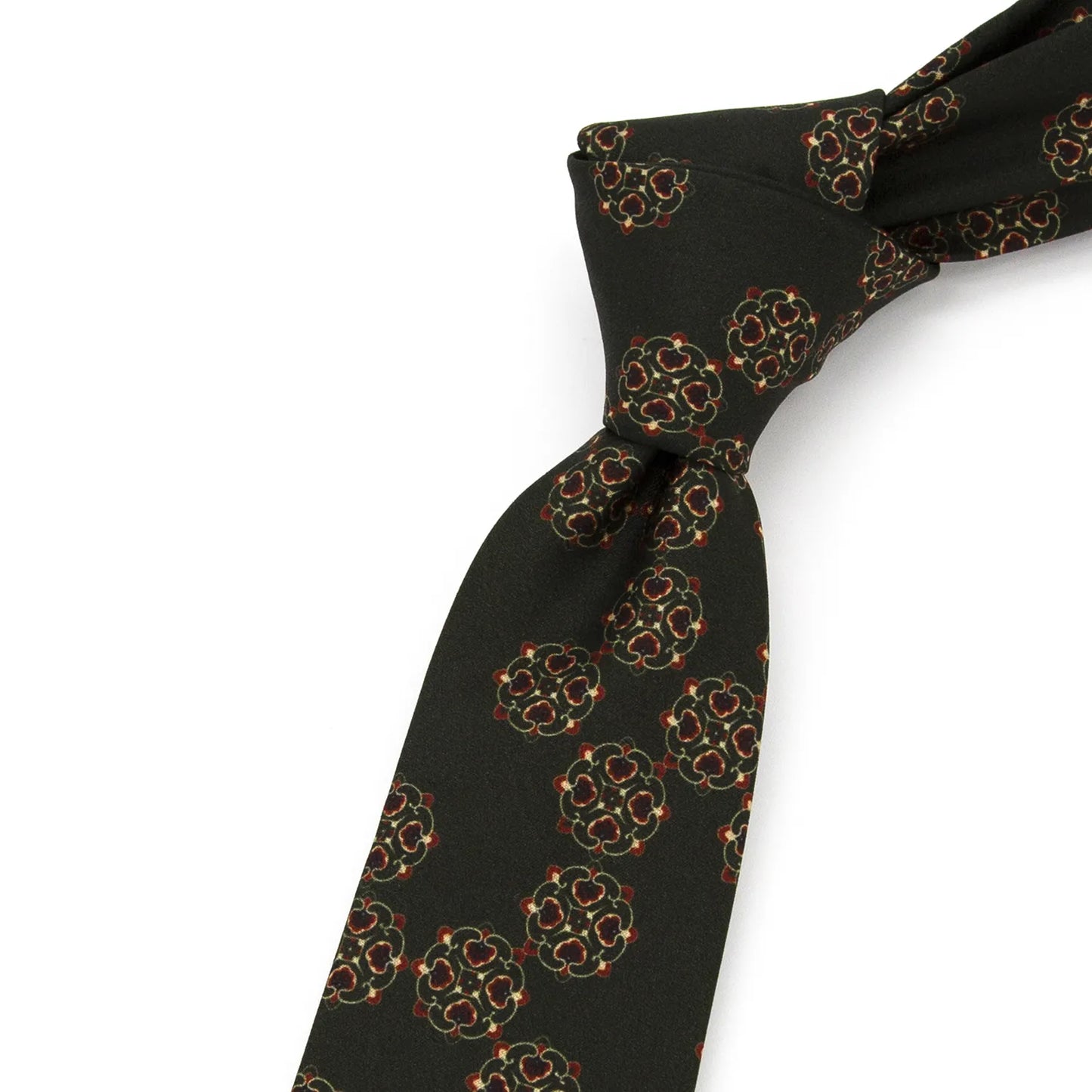 A neatly folded dark grey-green men's necktie showcasing its subtle vintage floral pattern in red, beige, and brown against a clean white surface.