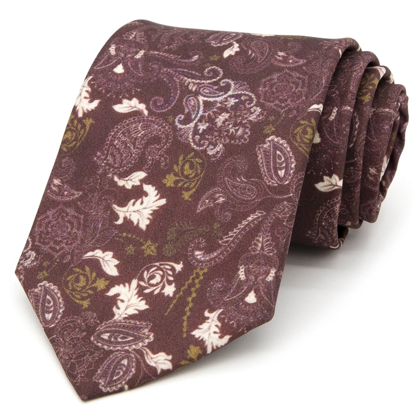 A deep burgundy men's necktie featuring a vintage-inspired paisley and floral pattern in beige, lavender, and olive green is casually knotted against a white background.