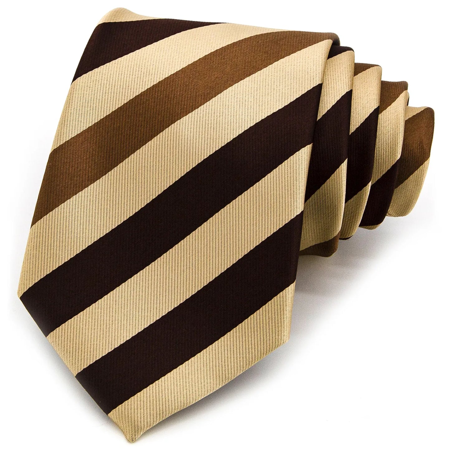 A neatly folded men's necktie showcasing its wide diagonal stripe pattern in beige, brown, and dark brown against a clean white surface.