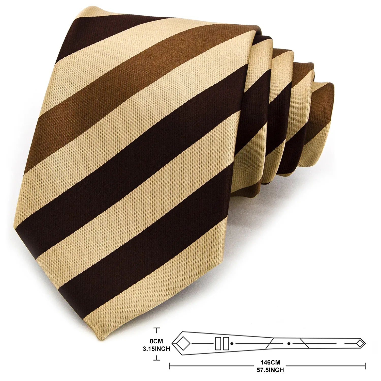 A men's necktie featuring wide diagonal stripes in beige, brown, and dark brown is neatly rolled, accompanied by size measurements.