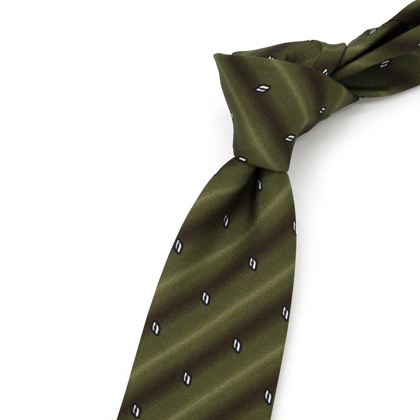 A neatly folded olive green men's necktie showcasing its subtle pattern of dark green stripes and small white arcs against a clean white surface.