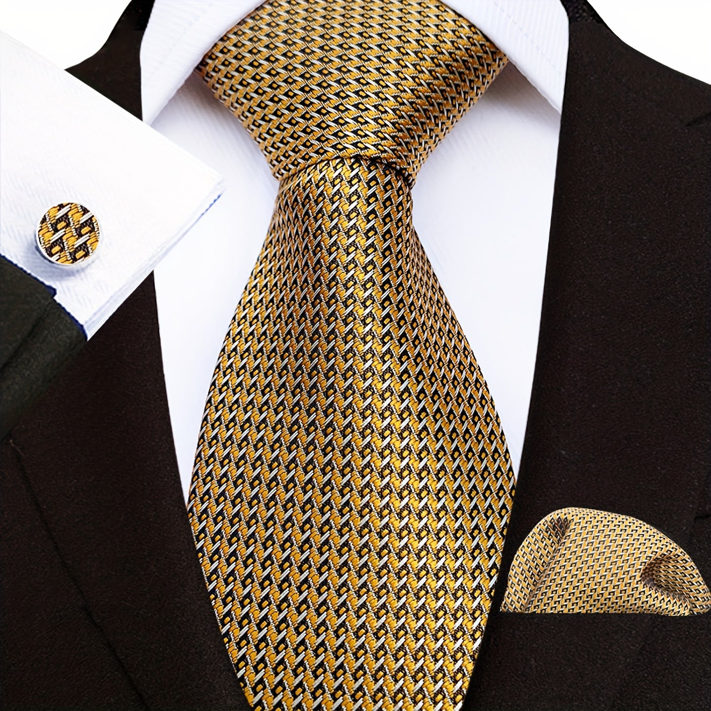Men's Necktie Gold Geometric Diamond Silk Set