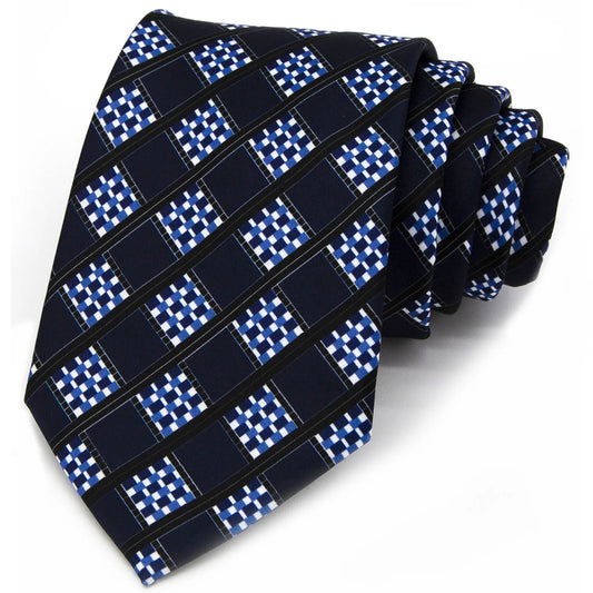 A neatly rolled deep blue men's necktie showcasing its striking angled grid design in white, light blue, and black against a clean white backdrop