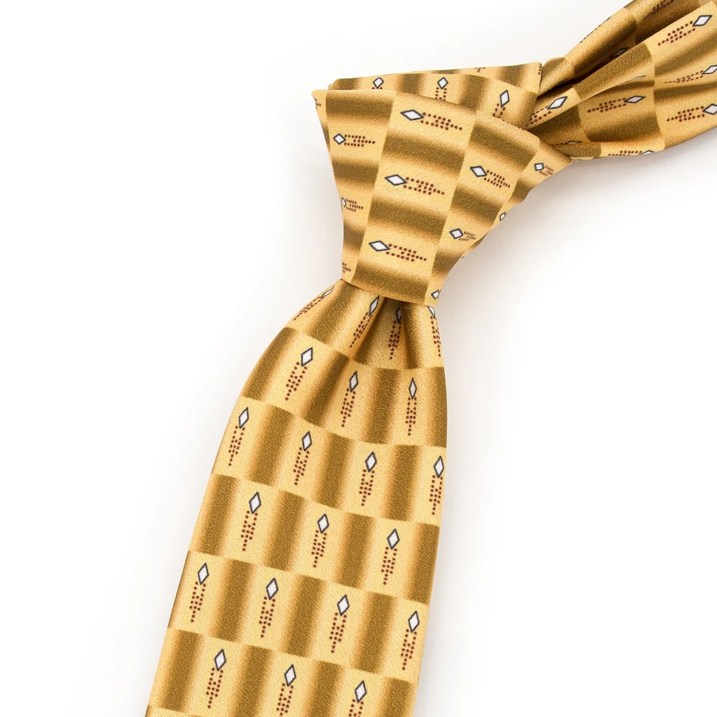A gold and brown checkered men's necktie laid flat, displaying its detailed abstract geometric pattern in white, blue, and brown.