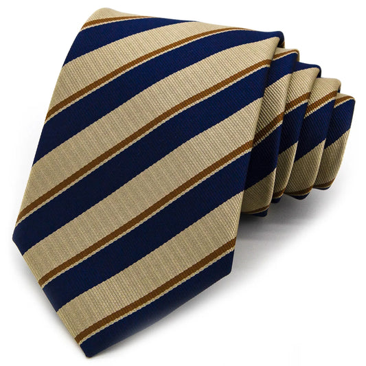 A neatly rolled men's necktie showcasing its diagonal stripe pattern in navy blue, beige, and brown against a clean white surface.