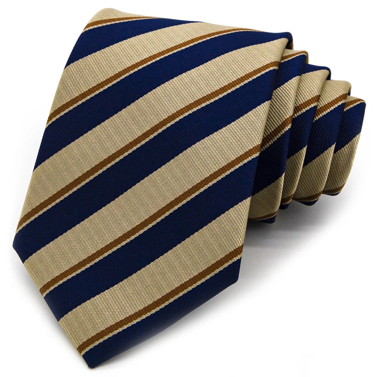 A neatly rolled men's necktie showcasing its diagonal stripe pattern in navy blue, beige, and brown against a clean white surface.