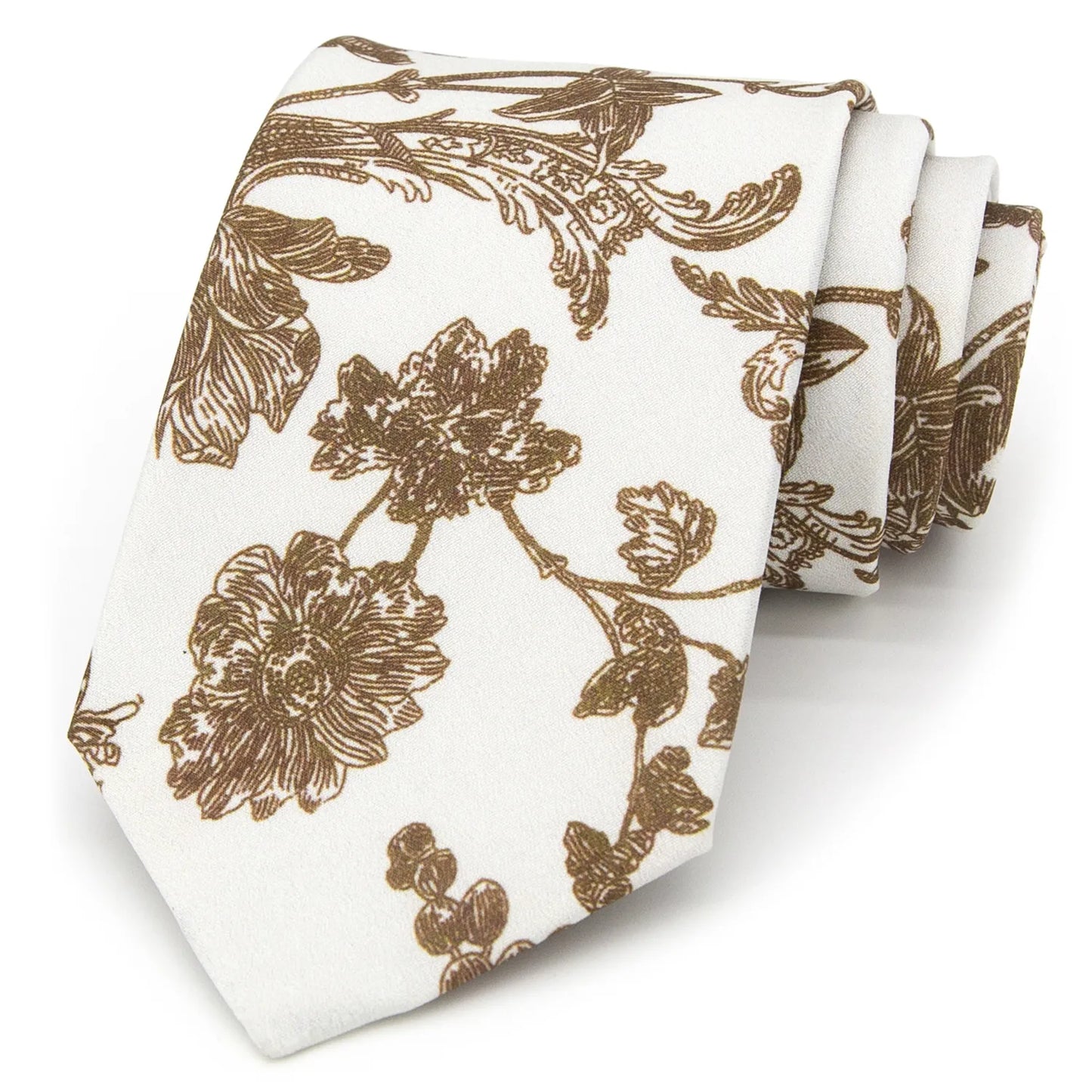 A light off-white men's necktie featuring a subtle and refined floral pattern in shades of brown is casually knotted against a white background.