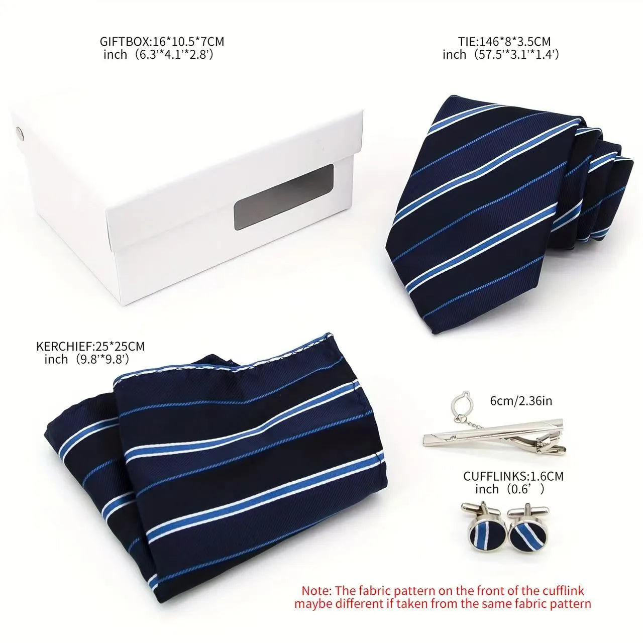 Elegant gift box includes tie, pocket square, tie clip, and cufflinks with precise dimensions.