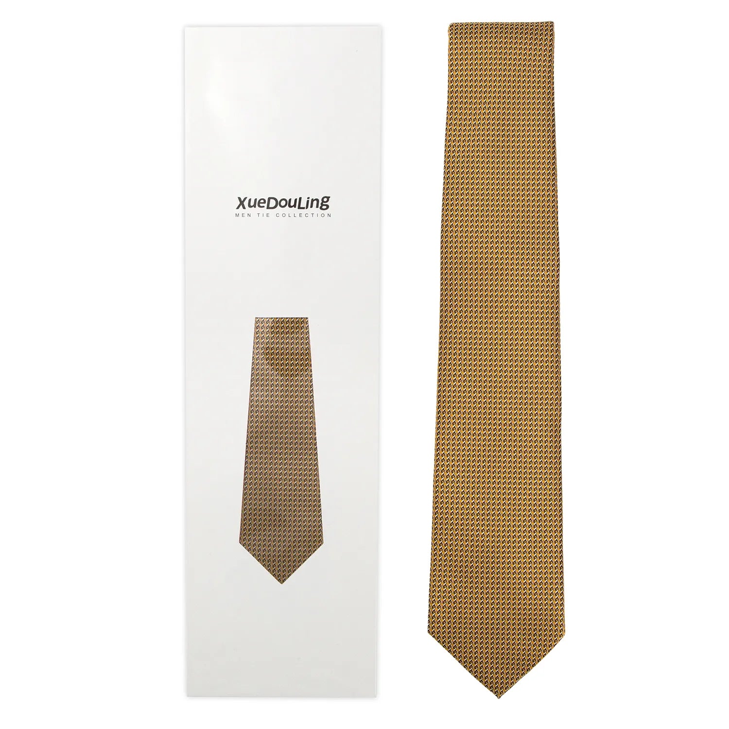 A luxurious necktie featuring an intricate gold paisley pattern is shown lying flat next to its white rectangular packaging box.