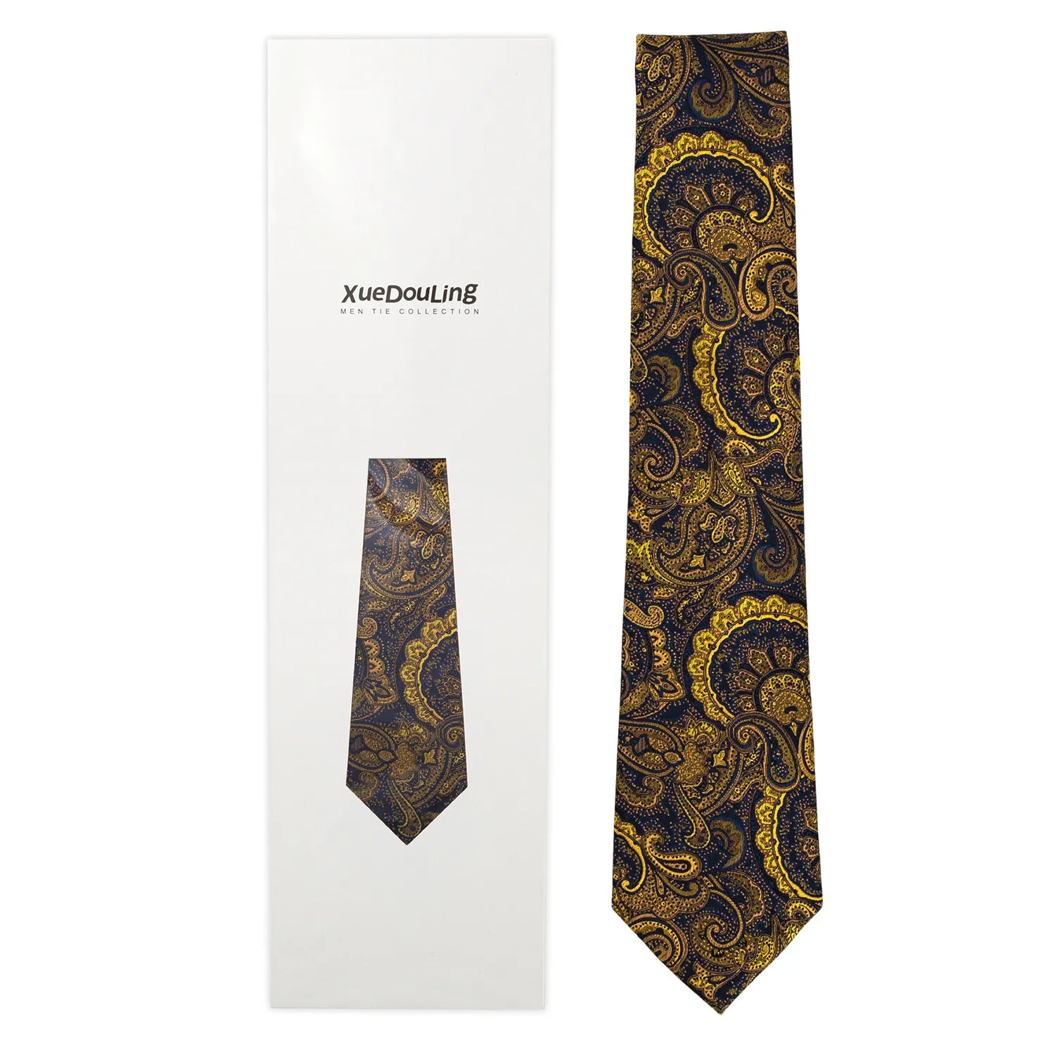 XueDouLing men's tie collection packaging showing a glimpse of the paisley tie inside, with the full tie laid out beside it.