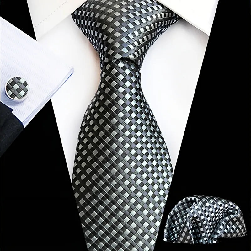 The XueDouLing Tie premium tie set is displayed, showing the elegant deep navy blue checkered necktie with its matching pocket square and sleek cufflinks, presented neatly as a cohesive accessory package.