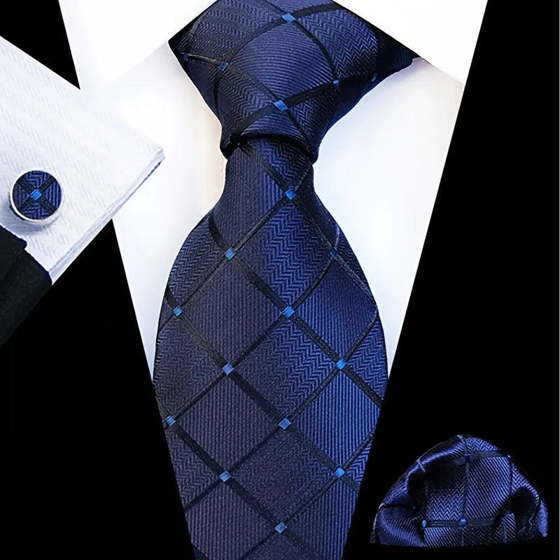 A complete men's tie set laid out, featuring a deep purple necktie with a subtle white and light purple small checkered pattern, a matching pocket square, and a pair of silver-toned cufflinks, ready for a formal or business occasion.