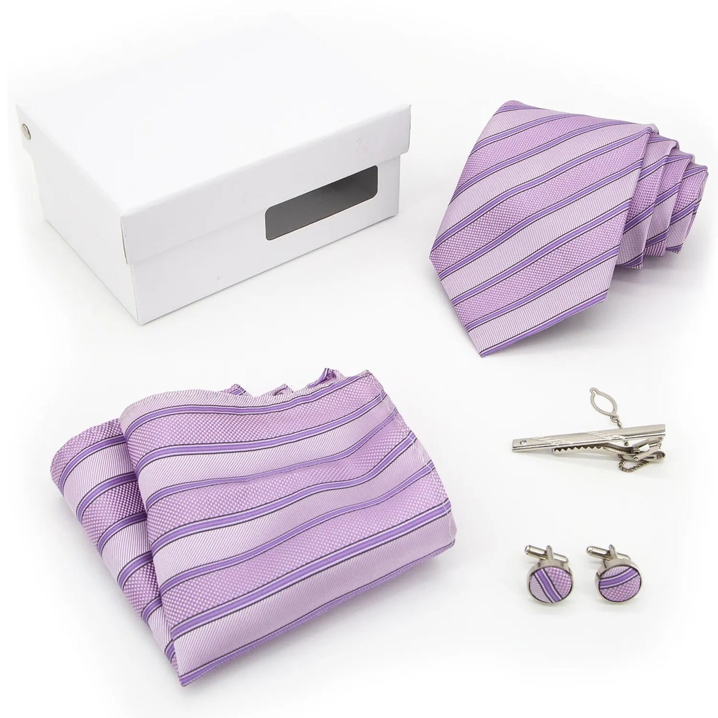 The XueDouLing Tie distinguished purple-pink stripe tie set is elegantly displayed, showcasing the vibrant patterned necktie, its coordinated pocket square, and polished cufflinks, presenting a cohesive and refined ensemble for the confident individual.