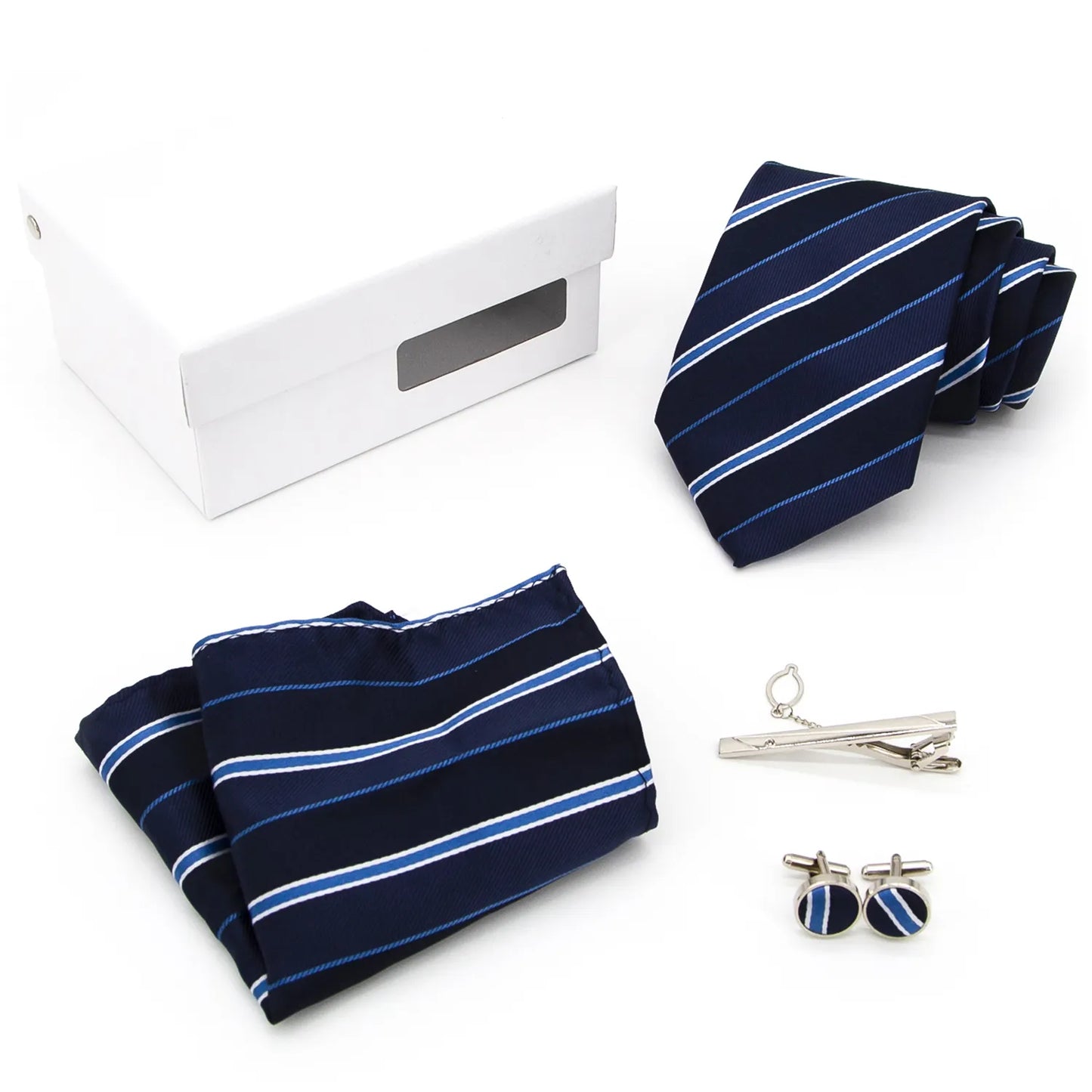 The XueDouLing Tie classic navy blue tie set is meticulously arranged inside a gift box, showcasing the deep blue necktie with its refined micro-stripe pattern, coordinating pocket square, and polished cufflinks, ready for gifting or immediate use.