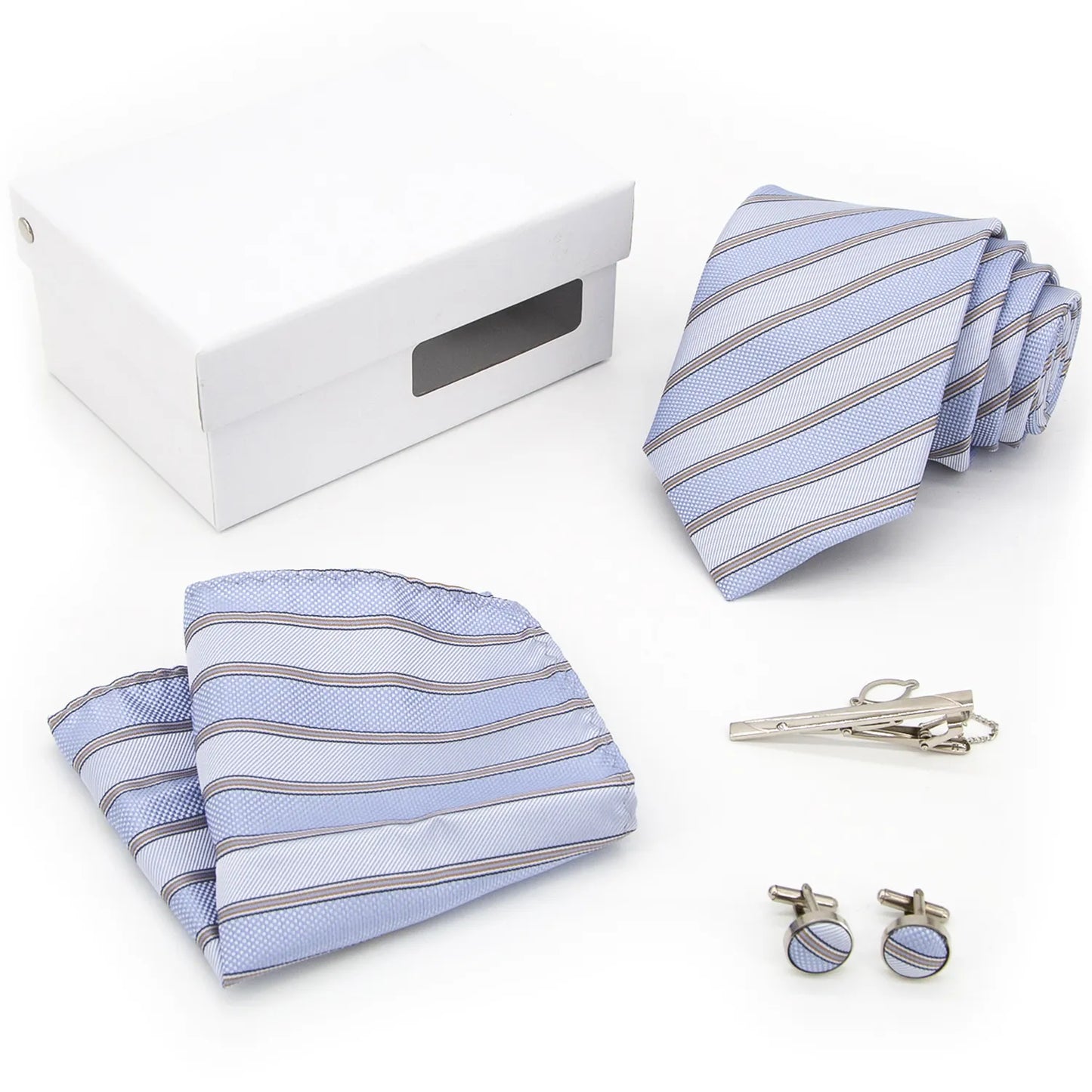 The XueDouLing Tie serene blue-grey dotted tie set is meticulously arranged inside a gift box, showcasing the patterned necktie, coordinating pocket square, and polished cufflinks, ready for gifting or immediate use.