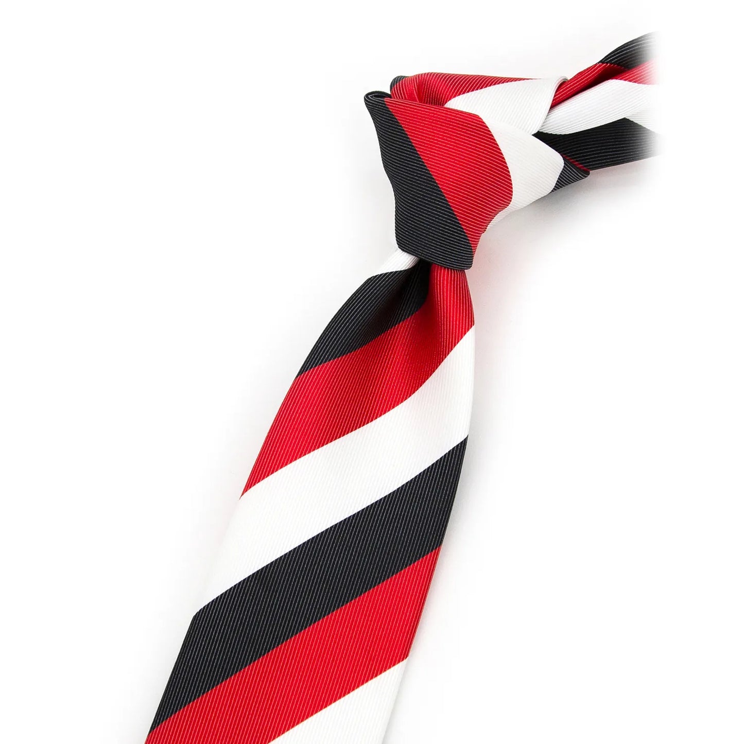 Full view of a luxurious men's tie displaying its vibrant and equally proportioned diagonal stripes of black white and red highlighting the fabric texture and modern design