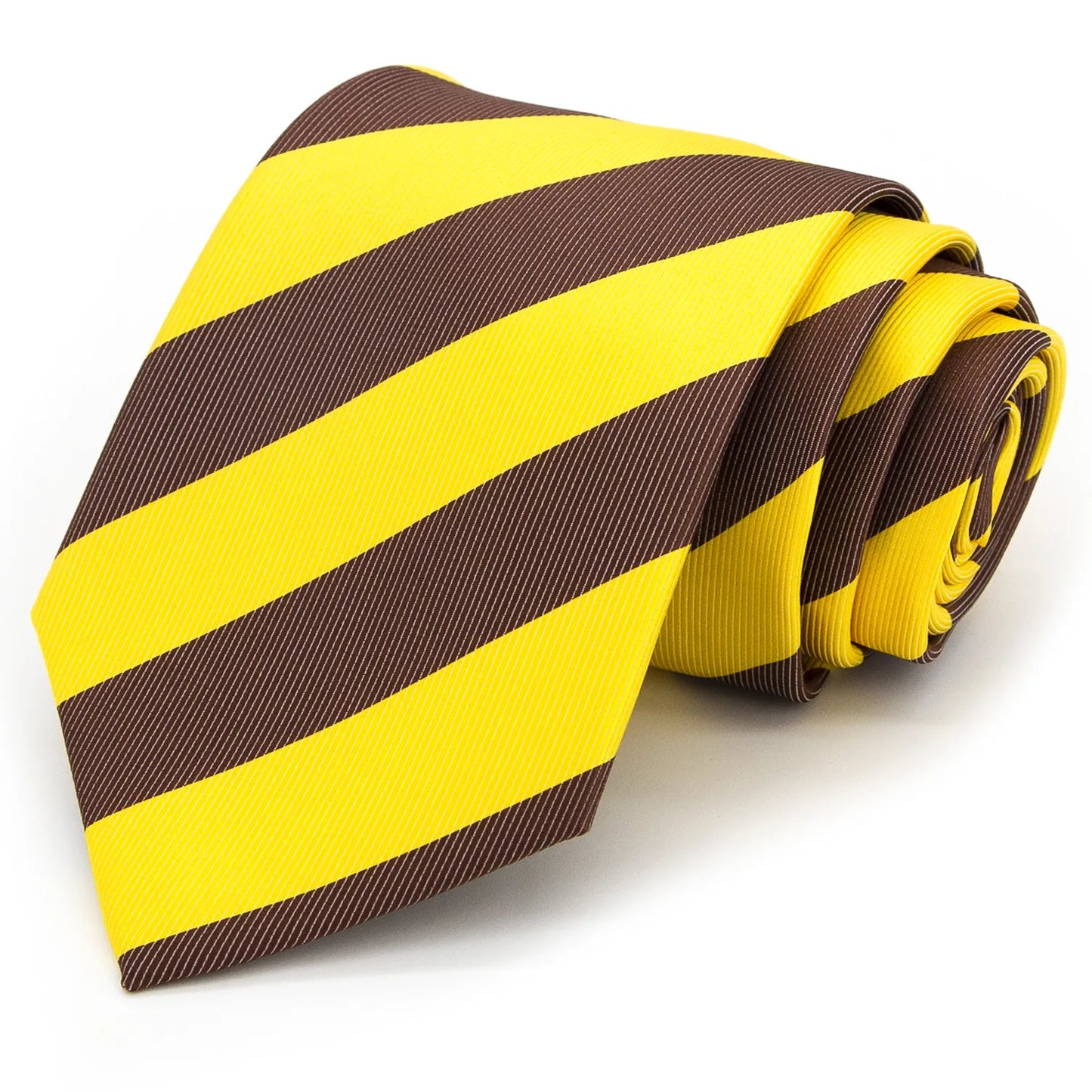 Close up of a sophisticated men's tie featuring striking diagonal stripes in vibrant yellow and warm brown highlighting the elegant pattern and rich color combination