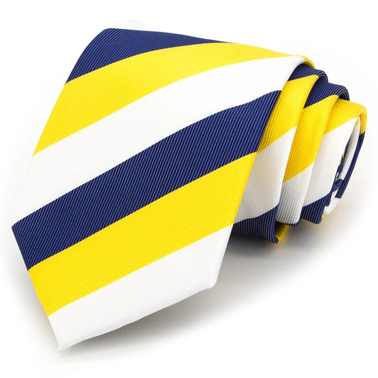 Neatly rolled navy blue, gold, and white striped polyester tie, exhibiting the full pattern and quality of the fabric from a top-down perspective.