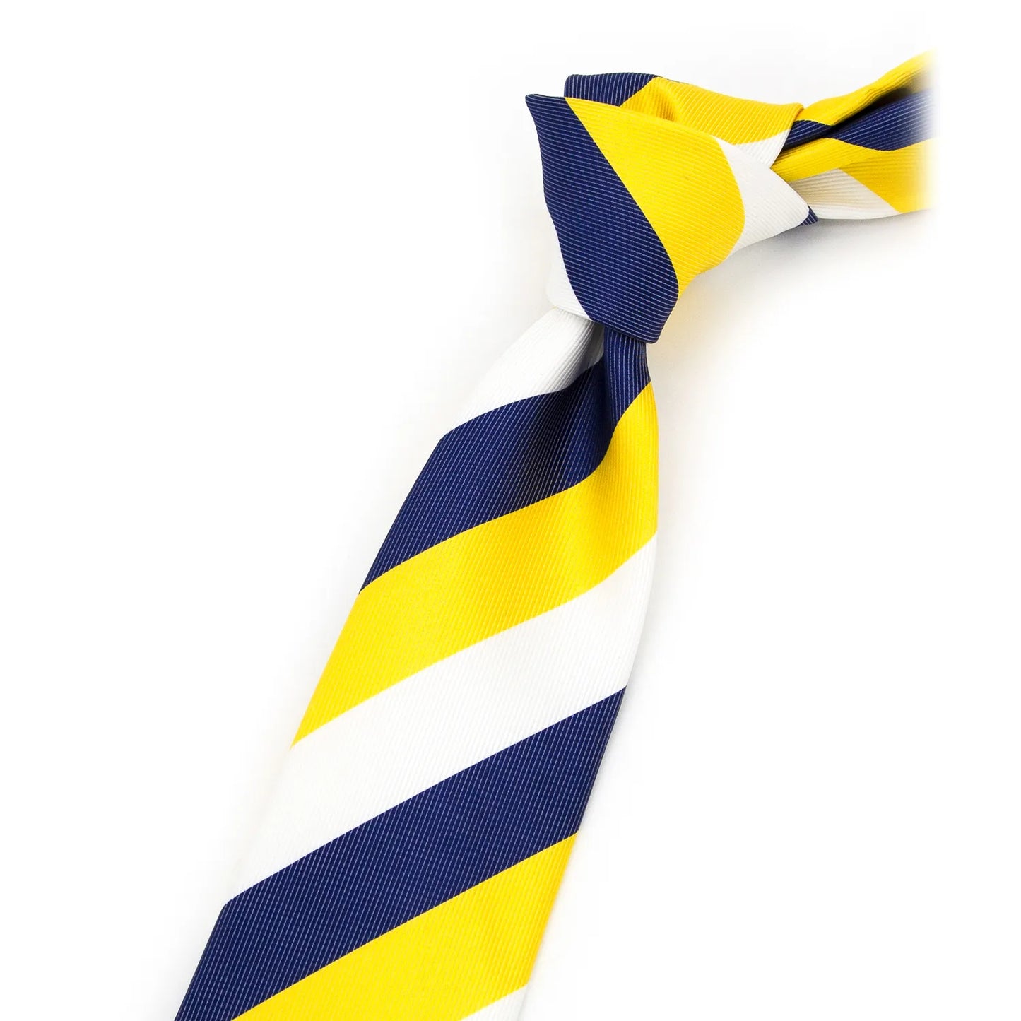 A vibrant navy blue, gold, and white striped silk tie with a neat knot, angled against a clean white backdrop, showcasing its crisp lines.