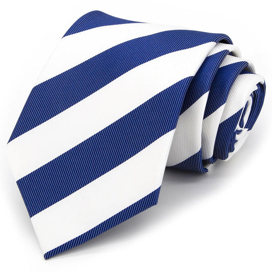A sharply tied blue and white striped polyester tie, showcasing the clean lines and durable fabric against a bright white background.