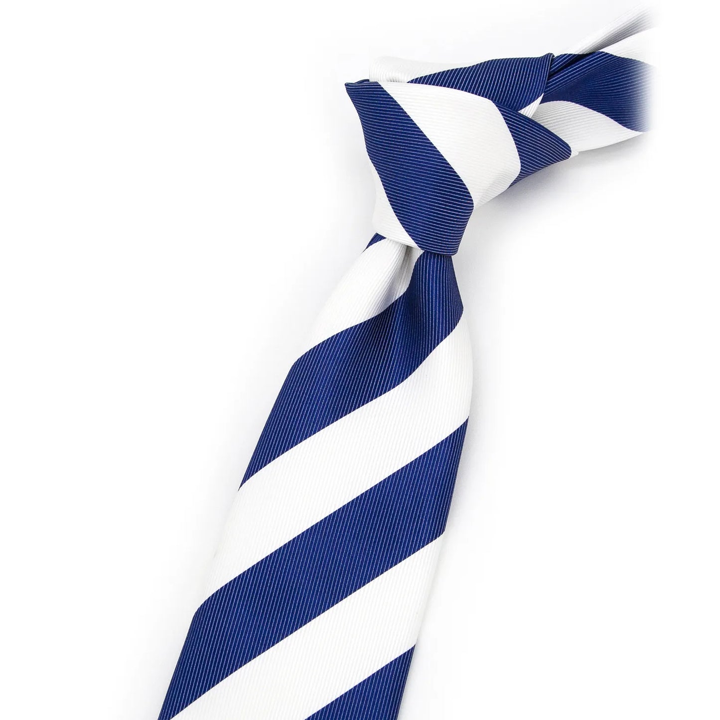 A sharply tied blue and white striped polyester tie, showcasing the clean lines and durable fabric against a bright white background.