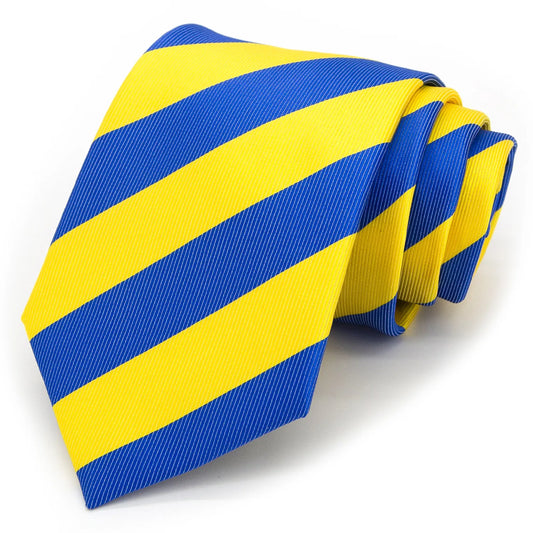 Full view of a rolled blue and yellow striped polyester tie, highlighting the consistent stripe pattern and the fabric's finish.
