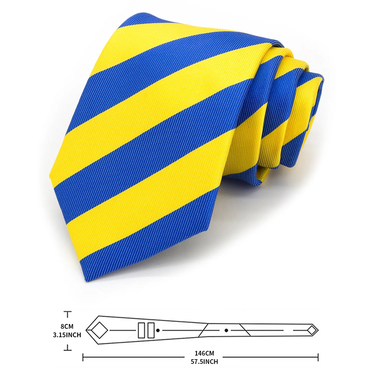 Rolled blue and yellow striped polyester tie alongside a diagram indicating its dimensions: 8cm (3.15 inches) width and 146cm (57.5 inches) length.