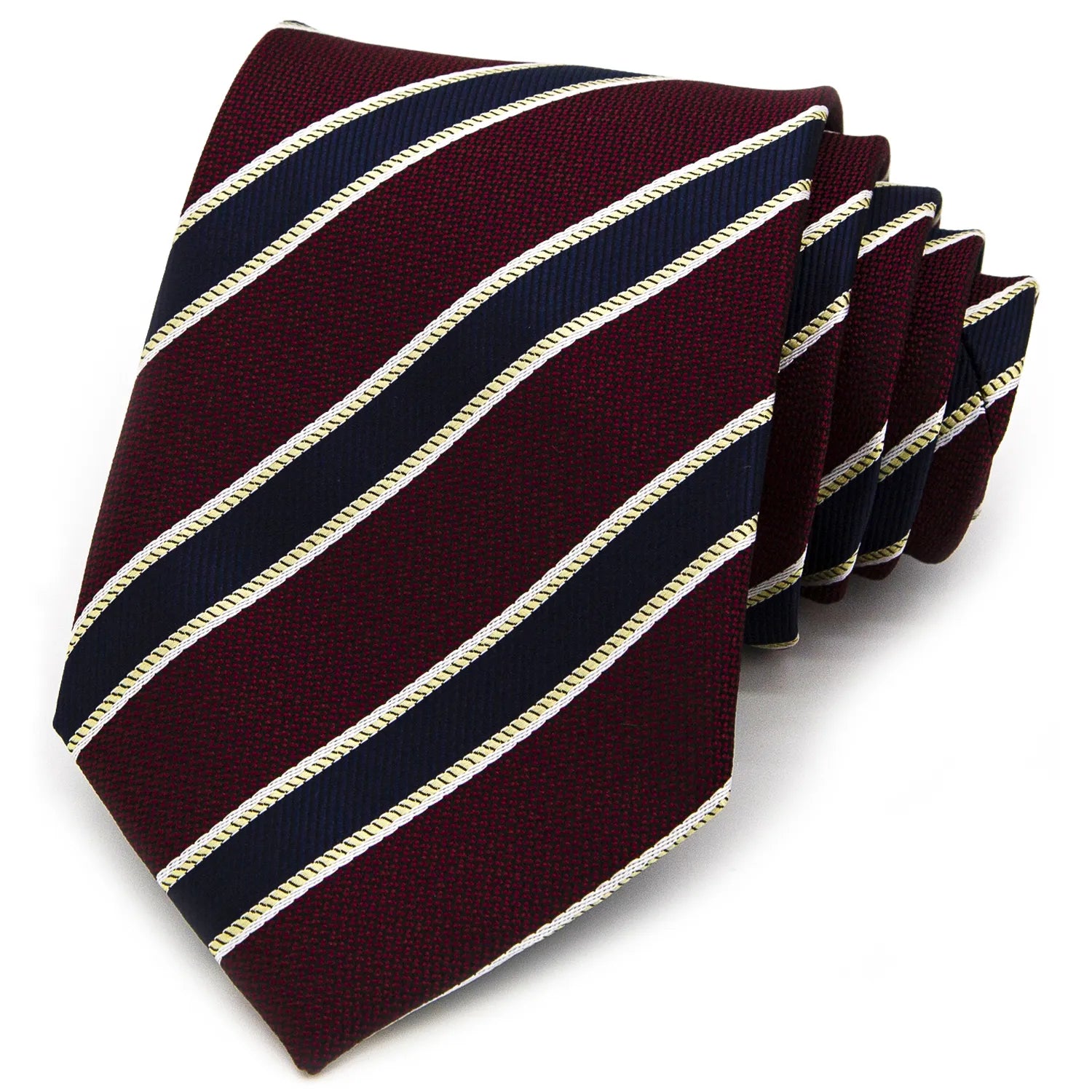 A burgundy men's necktie with diagonal stripes in navy blue and gold is tied in a four-in-hand knot on a white button-down shirt.