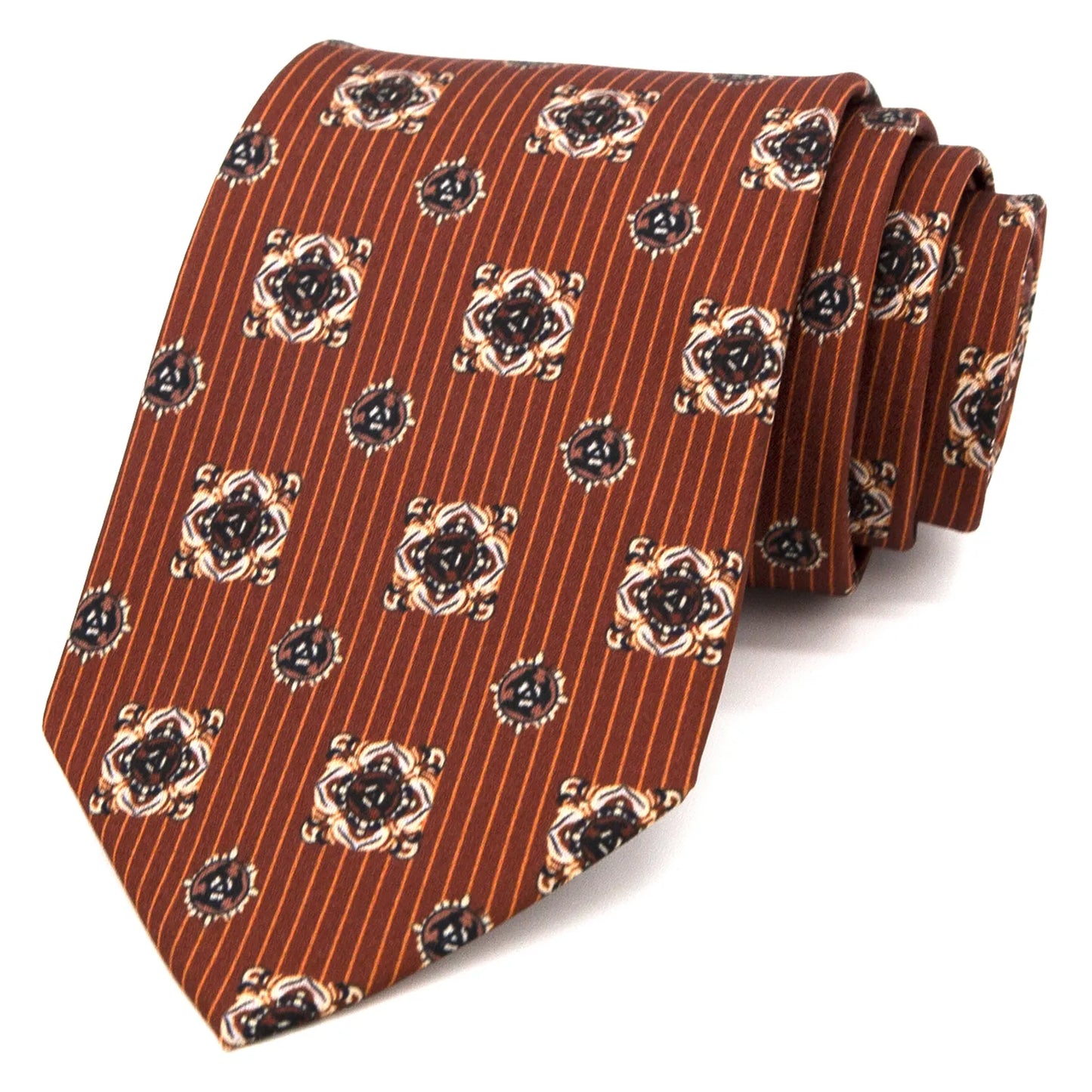 A neatly folded brown men's necktie showcasing its textured weave and combined paisley and stripe design against a plain white surface.