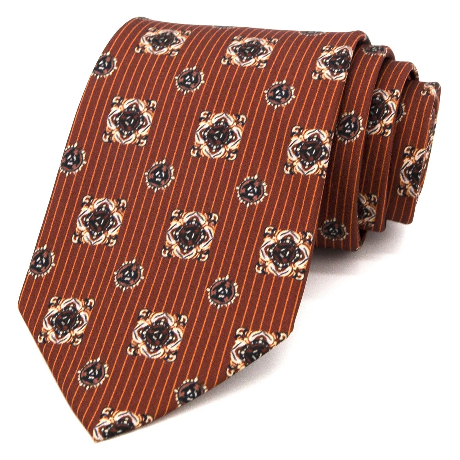 A neatly folded brown men's necktie showcasing its textured weave and combined paisley and stripe design against a plain white surface.