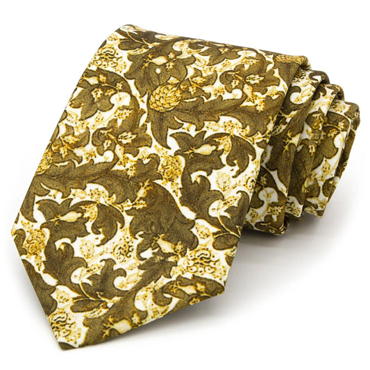 An olive green men's necktie featuring a detailed vintage-style floral pattern in beige and brown is loosely knotted against a white background.