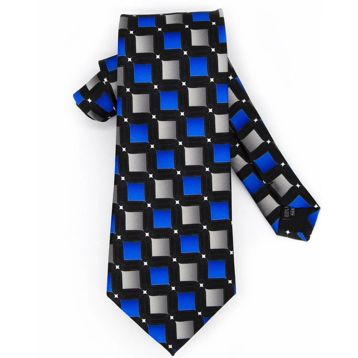 A black men's necktie with a bold geometric square design in blue and grey with white dots is displayed vertically against a white background.