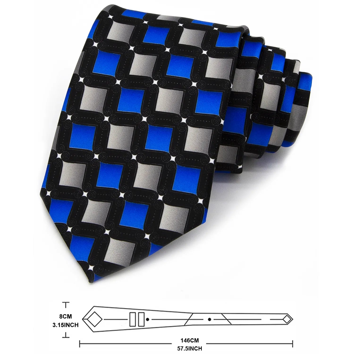A neatly rolled black men's necktie showcasing its vibrant geometric square pattern in blue and grey with white dot details, accompanied by size measurements.