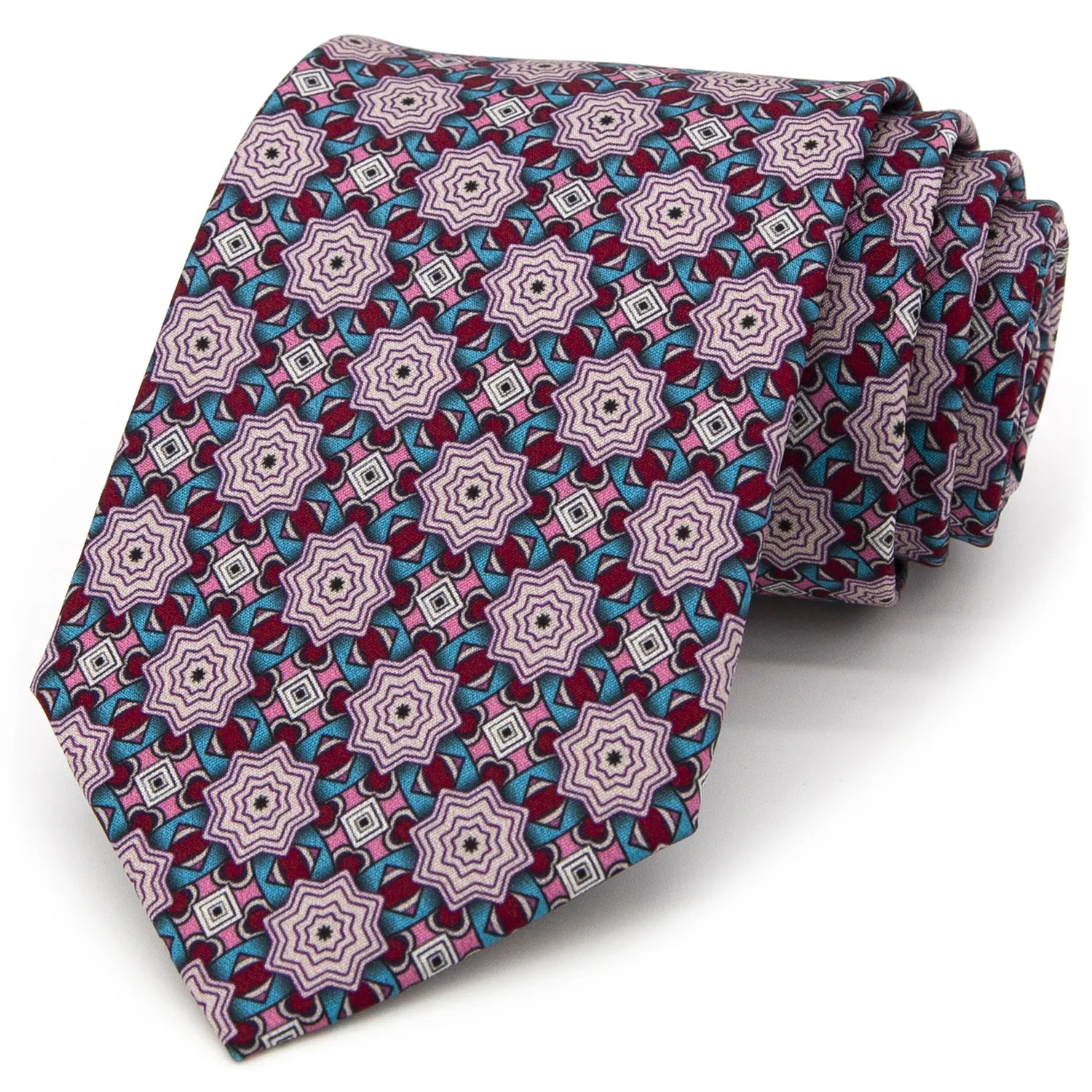 A mauve men's necktie with a complex, multi-colored geometric pattern in shades of pink, burgundy, and light blue is loosely knotted against a white background.
