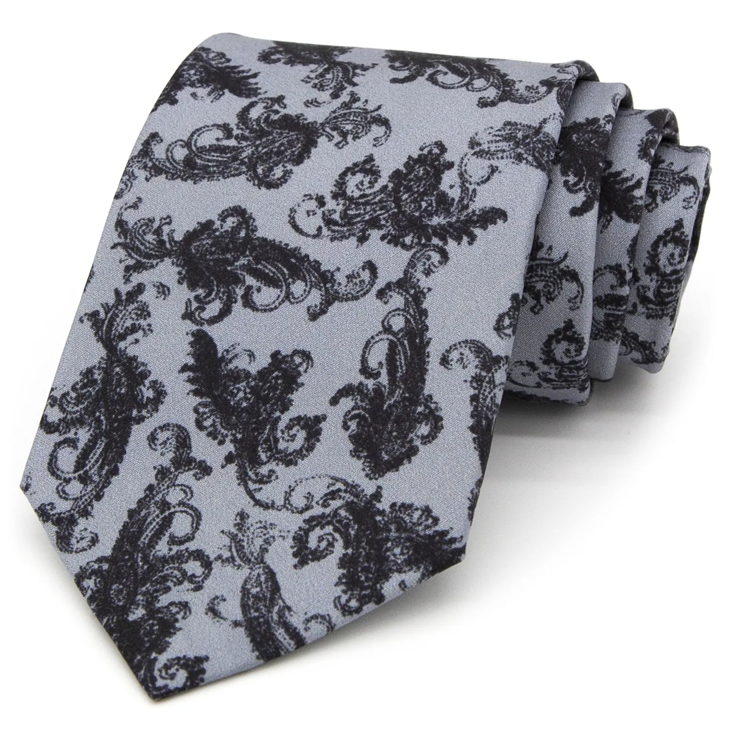 A light grey men's necktie from XueDouLing Tie featuring a delicate black paisley pattern is casually knotted against a white background.