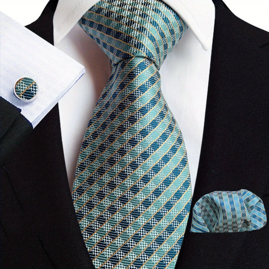 A set comprising a cyan and blue striped necktie, pocket square, and cufflinks, displayed on a mannequin wearing a black suit and a white shirt.